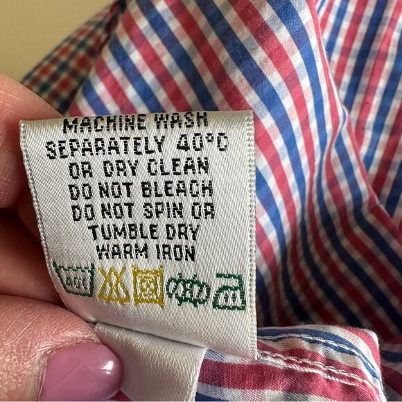 Bugatchi Uomo Plaid Button Down Flip Cuff Micro Check Red White Blue 15 1/2 Med - Picture 9 of 10